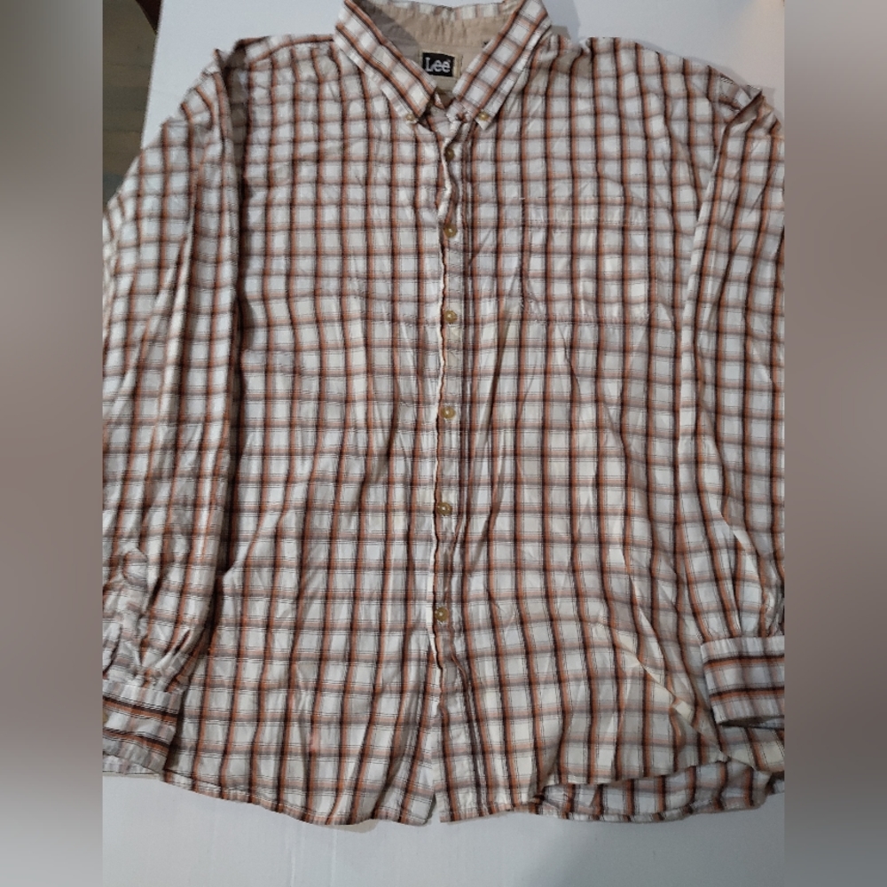 VTG LEE Madras Plaid‎ Cotton Button Down Shirt Mens 3XL White Long Sleeve 3XL